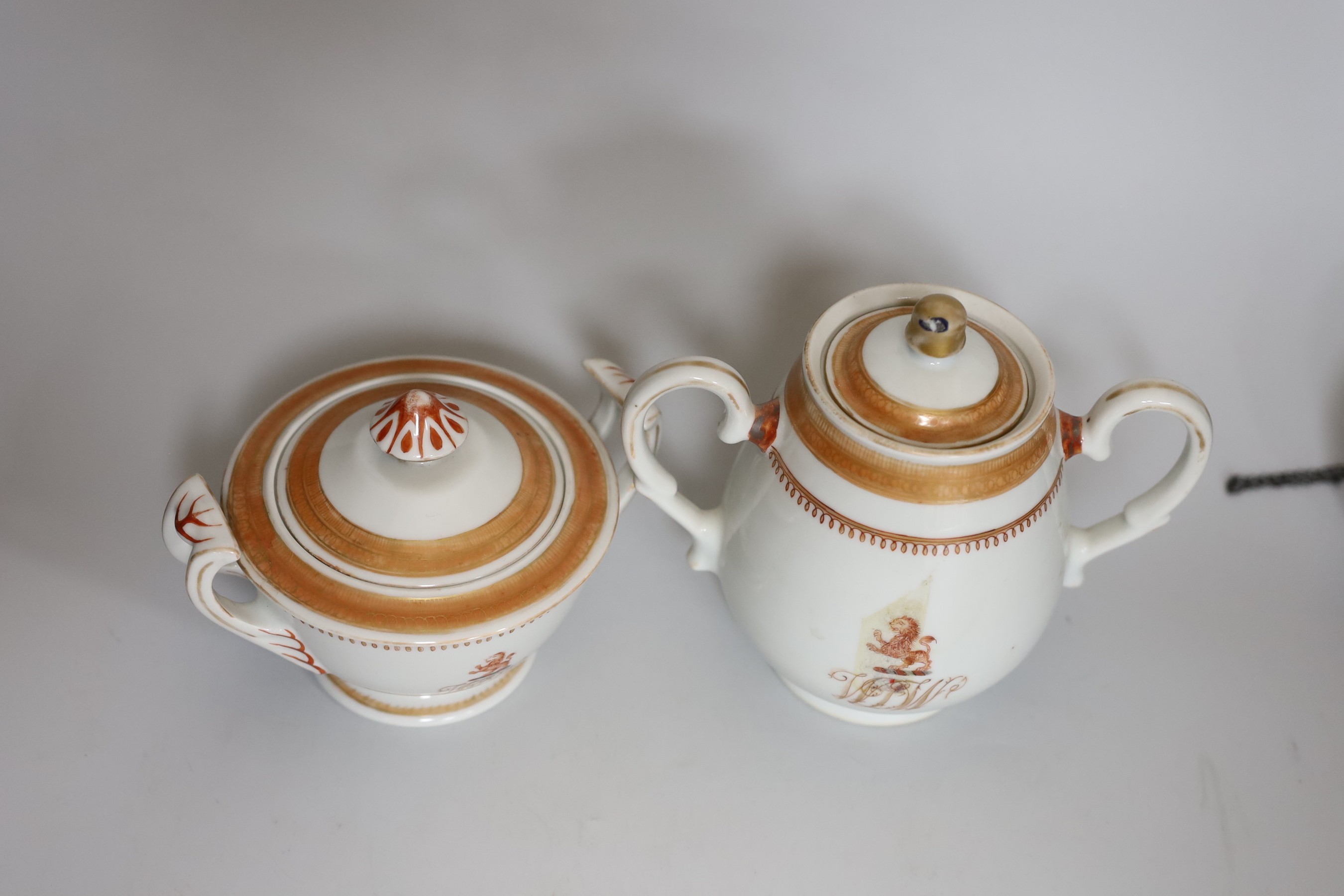 A group of Chinese Qianlong - Jiaqing porcelain tea wares, a rare snuff bottle and a French armorial tea caddy